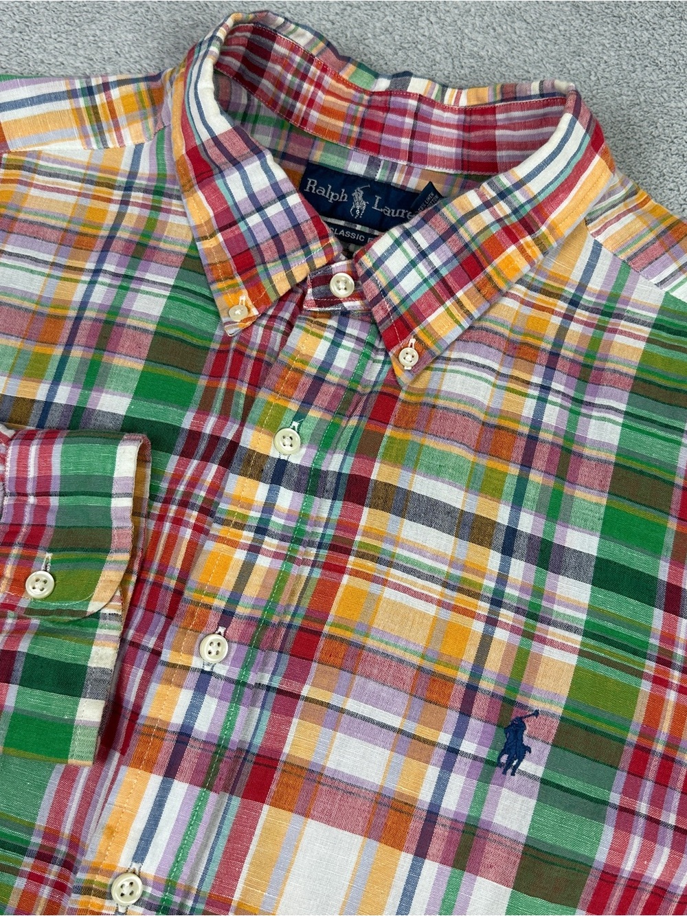Ralph Lauren Shirt Mens 2XL Multicolor Madras Plaid Classic Fit Linen Blend Pony